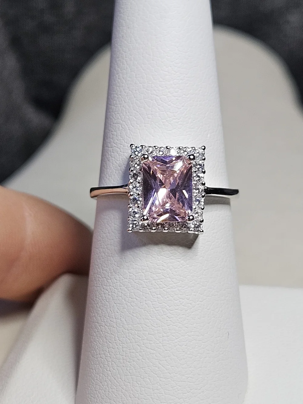 Sterling Silver Ring with Pink Rectangular Center Stone and Halo